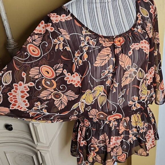 Casual Land brown floral tunic sheer blouse boho top blouse women's M Fall Vibes - Picture 2 of 4